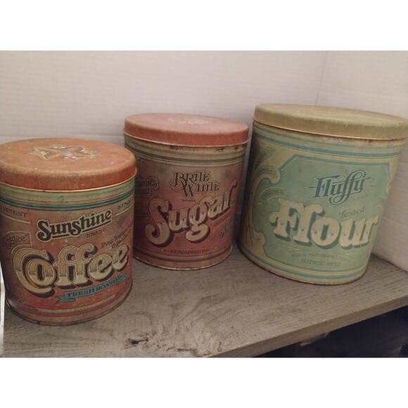 Vintage Fluffy Brand Ballonoff Canister Set Flour Sugar Coffee Nesting Tins - Picture 1 of 12